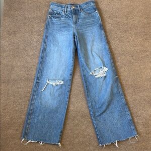 Express Women's Wide Leg Pants High Rise Size 0R Blue Denim Distressed Cotton